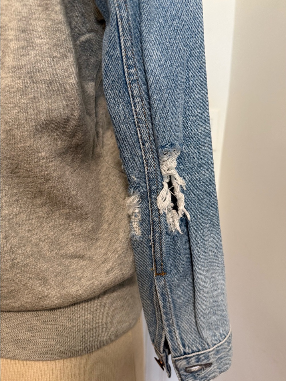 NSF Gray Distressed Sweatshirt and Denim Sleeves with Zip Front Hoodie -Size P - Picture 3 of 6
